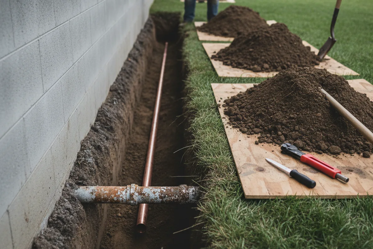 Excavated water line trench during Sewer Line Repair in Pineville